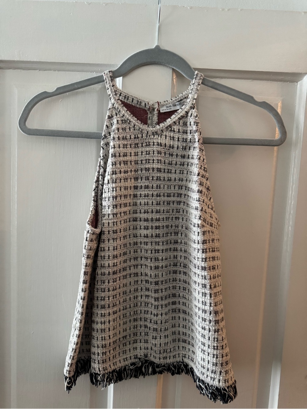 Zara Black & Cream Tweed Fringe Tank